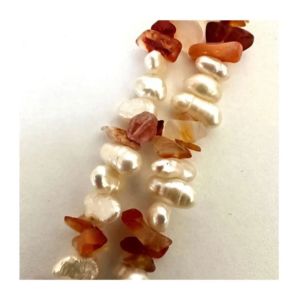 Freshwater pearl and carnelian chip long necklace